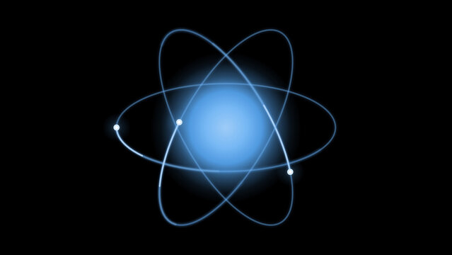 Blue neon atom with three orbiting electrons and a glowing nucleus on a black background, for science, physics, chemistry, education, and nuclear research themes