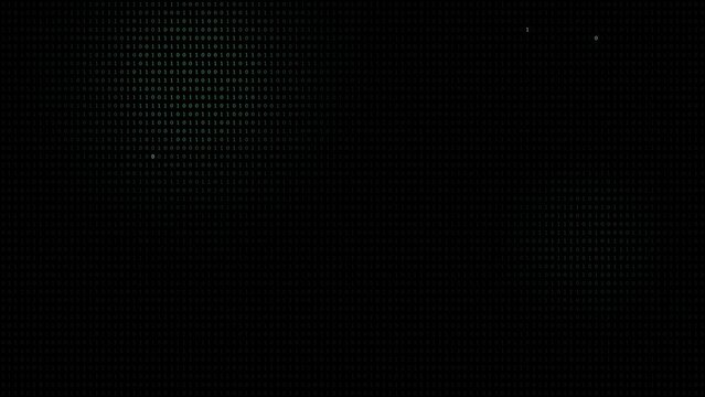 Dark binary code technology background with faint green digital data, ones and zeros on black, and a few highlighted digits, for cybersecurity and hacking themes