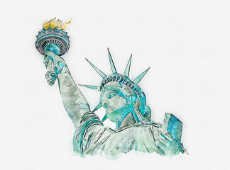 Watercolor paint effect of the Statue of Liberty isolated on white background © Maria