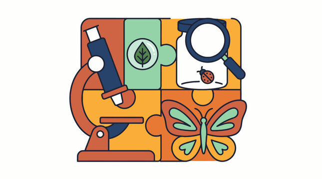 Biology science research puzzle concept icon with microscope butterfly leaf and magnifying glass. EPS Editable
