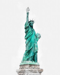 Watercolor painting illustration of the Statue of Liberty isolated on white background © Maria
