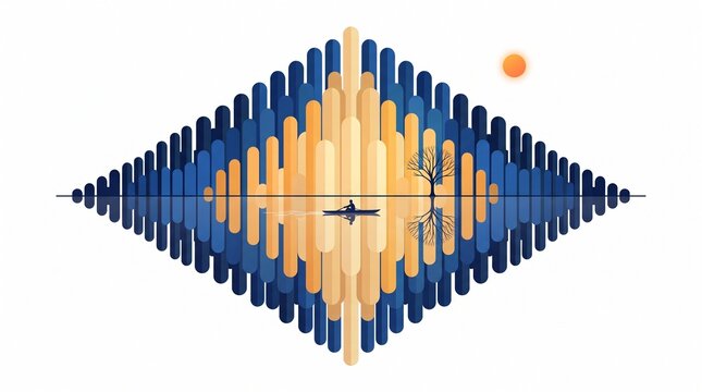 Abstract diamond pattern represents a stylized city landscape and water reflection.