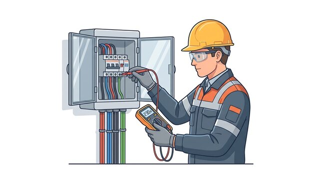 Electrical Engineer Conducting Safety Inspection on Power Distribution Box for Industrial Maintenance Illustration