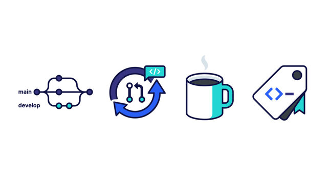 Set of software development icons including git branching workflow coffee mug and code tag illustrations. EPS Editable