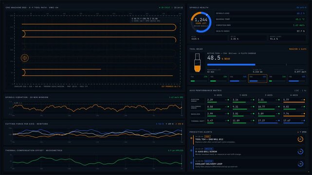 Explore a sophisticated CNC machine predictive maintenance dashboard featuring real-time analytics and vibrant visual indicators for optimal machine performance and tool health monitoring.