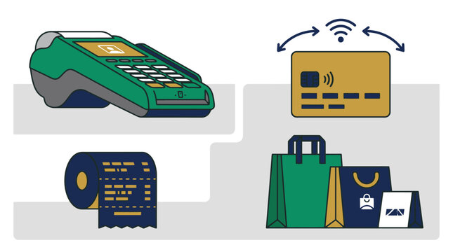 Vector illustration set of POS payment terminal credit card receipt roll and shopping bags. EPS Editable