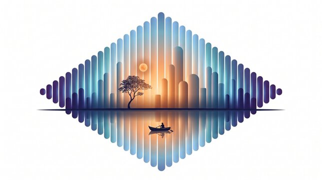 Abstract city skyline silhouette concept inside diamond frame, tree and boat reflection sunset background, musical soundwave audio frequency visualizer graphic template set