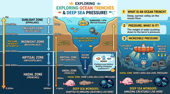 Educational Infographic Explaining Ocean Zones and Deep Sea Pressure with Marine Life Illustrations