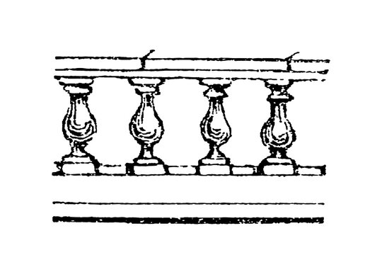 Classic balustrade with ornate columns and a straight top rail, old vintage illustration, 1897.
