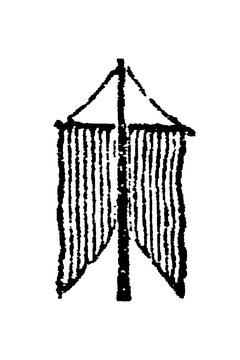 Pentagonal banner on a central pole with symmetrical vertical lines, old vintage illustration, 1897.