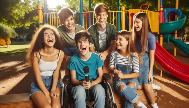 A group of diverse teenagers, including a girl with a cochlear implant and a boy in a wheelchair, laughing together on a colorful playground ramp, Ai generated image