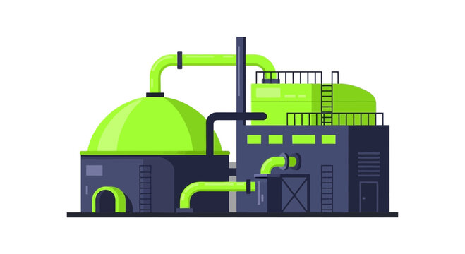 Sustainable Biogas Plant Vector Illustration, Green Bioenergy Facility with Digester Tank and Pipes for Eco-Friendly Power Generation