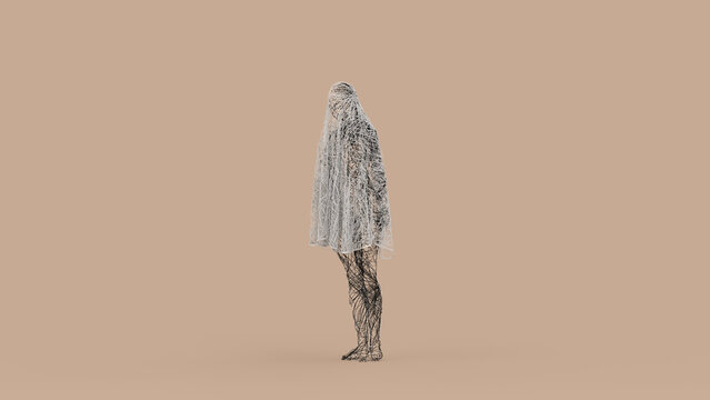 Abstract 3D Female Ghost Wire Tangled Figure for Halloween Concept  - Abstract illustration of a mysterious female ghost formed from tangled black and white wires, perfect for Halloween concept
