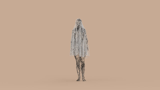Abstract 3D Female Ghost Wire Tangled Figure for Halloween Concept  - Abstract illustration of a mysterious female ghost formed from tangled black and white wires, perfect for Halloween concept
