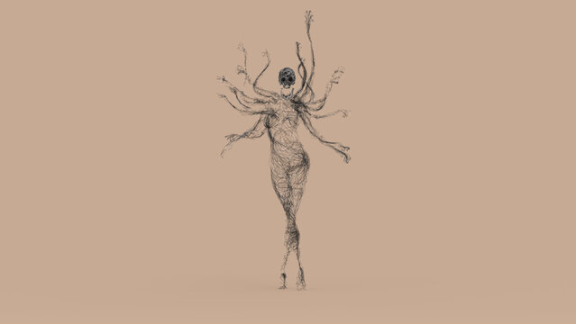 Abstract Multi Armed Female Skull Figure Made of Tangled Threads 3D Render
