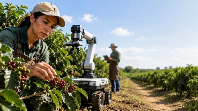 Worker guiding a cobot while inspecting coffee plants
