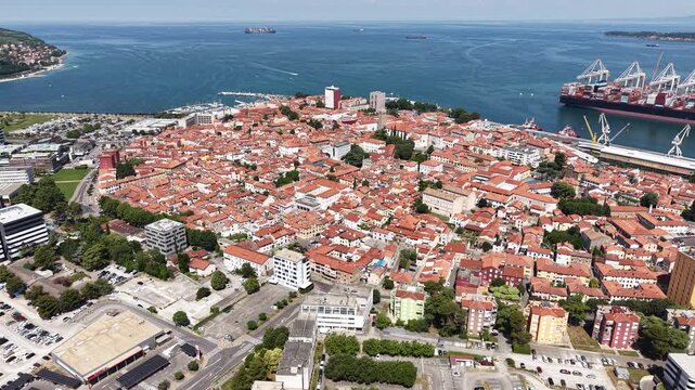 Koper Slovenia Cityscape, Drone Shot of Old Town Buildings by Adriatic Sea