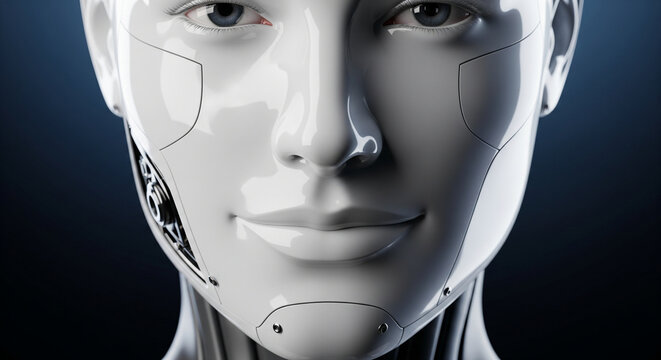 Close-up portrait of a humanoid robot showing metallic and synthetic facial features.