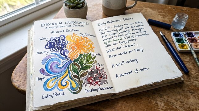 Mental health wellness journal with watercolor art emotional tracking and daily reflections