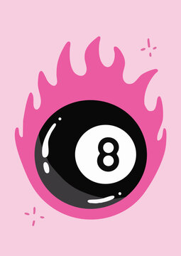 Retro Magic 8 Ball with Pink Flames and Sparkles Illustration