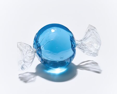A single blue hard candy wrapped in clear plastic, isolated on white background