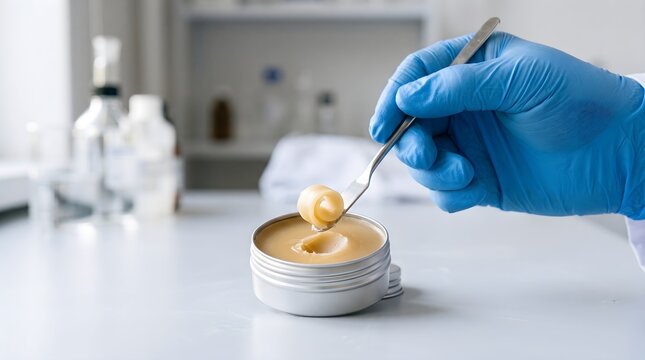 Gloved Hand Testing Solid Balm Texture with Metal Spatula in Lab