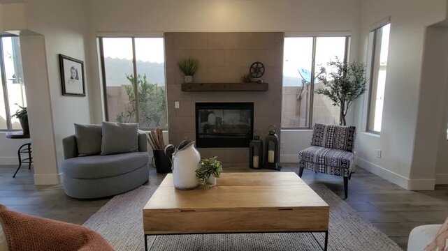 Bright modern living room with fireplace and wooden coffee table