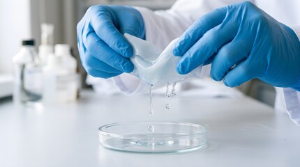 Fototapeta premium Close-Up of Gloved Hands Examining Dripping Sheet Mask Essence into Glass Dish