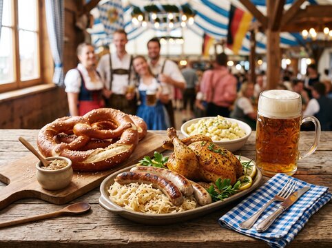Traditional German Oktoberfest food layout with roasted chicken, sausages, sauerkraut, pretzels, mustard, and a large stein of beer on a wooden table with blurred festive crowd in background.