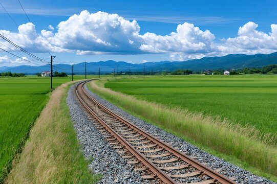Railroad track curving through vibrant rice fields in Japan