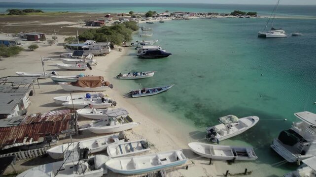 Aerial View of Boats on Sandy Coastline in Los Roques