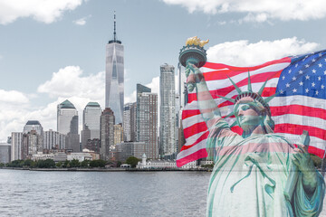 Statue of Liberty with a large american flag and New York skyline in the background © Maria