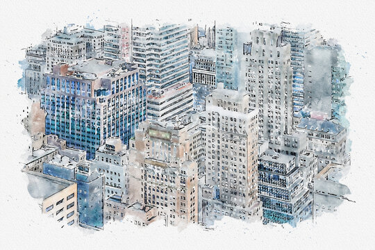 Digital watercolor painting New York City skyscrapers in midtown Manhattan aerial panorama view