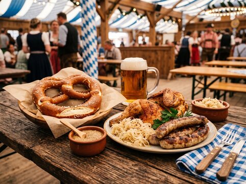 Authentic Oktoberfest meal setup with roasted half chicken, grilled bratwurst sausages, sauerkraut, large pretzel, mustard, and beer stein inside decorated festival tent.