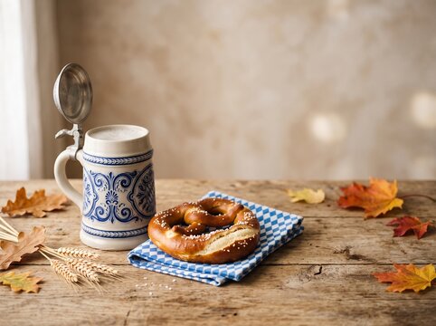 Bavarian Oktoberfest concept featuring traditional ceramic beer stein with metal lid, soft salted pretzel on checkered napkin, autumn leaves, and wheat stalks on rustic wooden table.