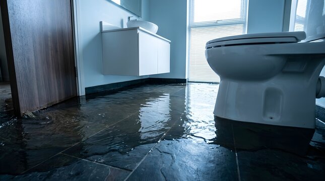 Modern bathroom interior with water flooding on dark tile floor, depicting plumbing emergency or household disaster damage.