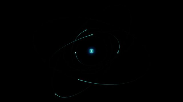 Abstract representation of an atomic structure with glowing light orbits and particle electrons video