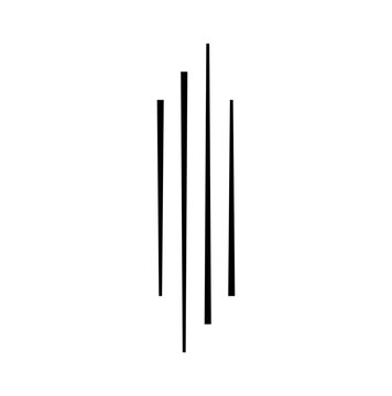 A minimalist abstract design featuring five vertical black lines of varying lengths and thicknesses on a clean white background.