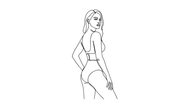 Minimalist one line woman wearing high waisted bikini bottom underwear, swimwear fashion, apparel design, and elegant vector illustration