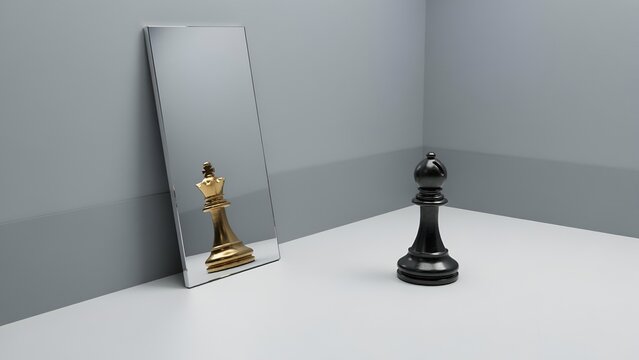 A black chess bishop standing on a floor facing a mirror that reflects a golden king chess piece