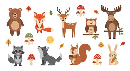 Naklejka premium Forest animal character set with autumn leaves and mushrooms.
