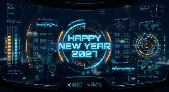 Futuristic digital interface display featuring a glowing neon happy new year 2027 greeting with complex data visualization elements and holographic hud technology graphics
