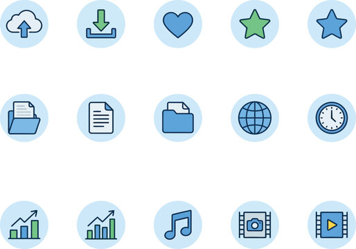 Set of Flat Icons for Cloud Storage, Media, Documents, and Business Analytics