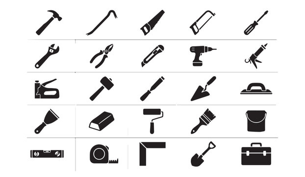 Set of construction and hand tools icons black silhouette vector with saw symbol
