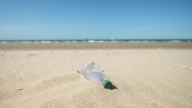 Plastic bottle on the beach. Plastic trash buried in the sand. Environmental waste problem on the sea coast.