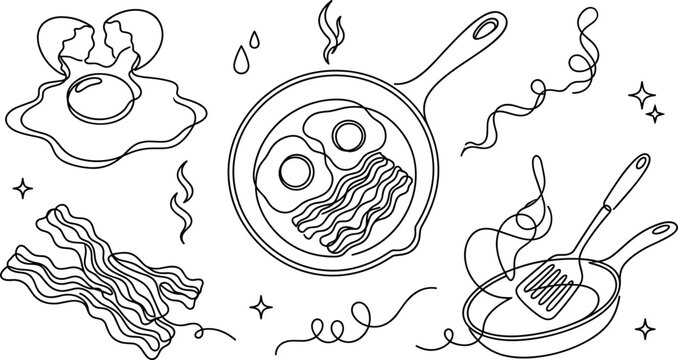 Continuous One Line Drawing of Breakfast Cooking Set with Fried Eggs Bacon Strips Skillet Pan and Spatula Utensil Culinary Graphic Elements Vector