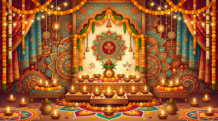 Fototapeta premium Ornate Navratri festival alter decoration with sacred kalash pot, glowing diya oil lamps, marigold garlands, and Goddess Durga mandala backdrop isolated with copy space.