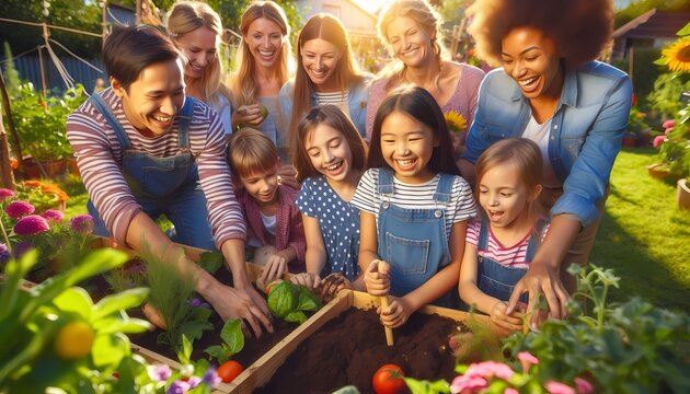 A multi-ethnic group of children and adults participating in a community gardening project, including a girl with a visual impairment feeling the soil, Ai generated image