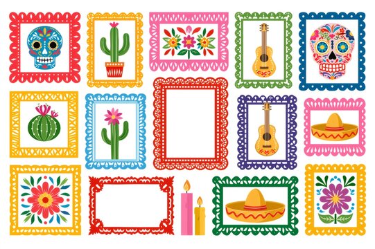 Mexican fiesta elements in colorful papel picado frames