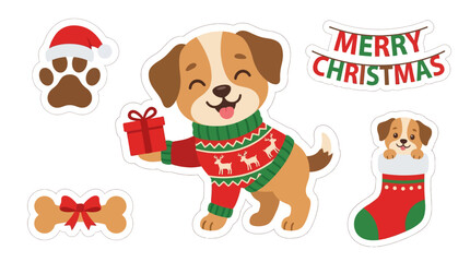 Fototapeta premium Cute christmas puppy sticker set with festive holiday decorations